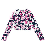 Navy Blue, Hot Pink, and White Hawaiian Flowers Long Sleeve Crop Top