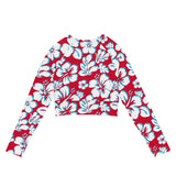 Aqua Blue, Red, and White Hawaiian Flowers Long Sleeve Crop Top