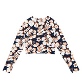 Navy Blue, Orange, and White Hawaiian Flowers Long Sleeve Crop Top