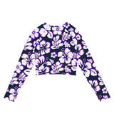 Navy Blue, Purple, and White Hawaiian Flowers Long Sleeve Crop Top