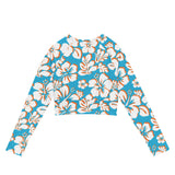 Aqua Blue, Orange, and White Hawaiian Flowers Long Sleeve Crop Top