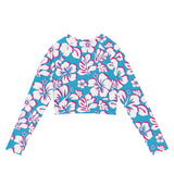 Aqua Blue, Hot Pink, and White Hawaiian Flowers Long Sleeve Crop Top