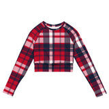 Red, White and Blue Preppy Surfer Plaid Long Sleeve Crop Top