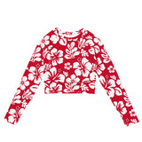 Red and White Hawaiian Flowers Long Sleeve Crop Top