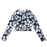 Navy Blue and White Hawaiian Flowers Long Sleeve Crop Top