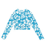 Aqua Blue and White Hawaiian Flowers Long Sleeve Crop Top