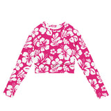 Hot Pink and White Hawaiian Flowers Long Sleeve Crop Top