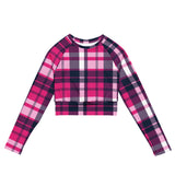 Hot Pink and Navy Blue Preppy Surfer Plaid Long Sleeve Crop Top