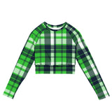 Lime and Navy Blue Preppy Surfer Plaid Long Sleeve Crop Top