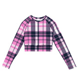 Pink and Navy Blue Preppy Surfer Plaid Long Sleeve Crop Top