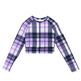 Lavender and Navy Blue Preppy Surfer Plaid Long Sleeve Crop Top