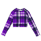 Purple and Navy Blue Preppy Surfer Plaid Long Sleeve Crop Top