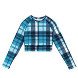 Aqua and Navy Blue Preppy Surfer Plaid Long Sleeve Crop Top