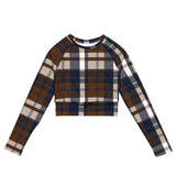 Brown and Navy Blue Preppy Surfer Plaid Long Sleeve Crop Top