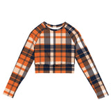 Orange and Navy Blue Preppy Surfer Plaid Long Sleeve Crop Top