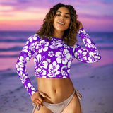 Purple and White Hawaiian Flowers Long Sleeve Crop Top