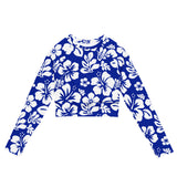 Royal Blue and White Hawaiian Flowers Long Sleeve Crop Top