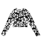 Black and White Hawaiian Flowers Long Sleeve Crop Top