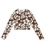 Brown and White Hawaiian Flowers Long Sleeve Crop Top