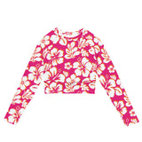 Hot Pink, White and Orange Hawaiian Flowers Long Sleeve Crop Top