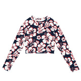 Navy Blue, Red, and White Hawaiian Flowers Long Sleeve Crop Top