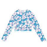 Aqua, White and Pink Hawaiian Flowers Long Sleeve Crop Top