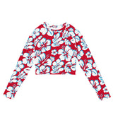 Aqua Blue, Red, and White Hawaiian Flowers Long Sleeve Crop Top