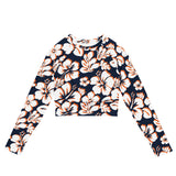 Navy Blue, Orange, and White Hawaiian Flowers Long Sleeve Crop Top