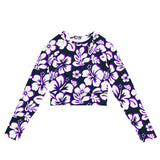 Navy Blue, Purple, and White Hawaiian Flowers Long Sleeve Crop Top