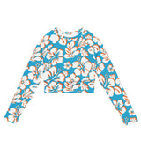 Aqua Blue, Orange, and White Hawaiian Flowers Long Sleeve Crop Top