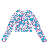 Aqua Blue, Hot Pink, and White Hawaiian Flowers Long Sleeve Crop Top