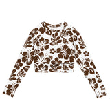 White and Brown Hawaiian Flowers Long Sleeve Crop Top