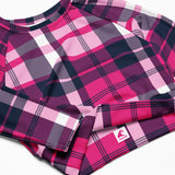 Hot Pink and Navy Blue Preppy Surfer Plaid Long Sleeve Crop Top