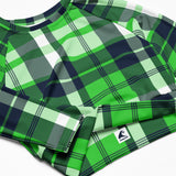 Lime and Navy Blue Preppy Surfer Plaid Long Sleeve Crop Top