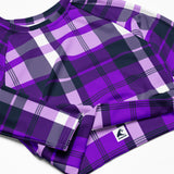 Purple and Navy Blue Preppy Surfer Plaid Long Sleeve Crop Top