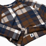 Brown and Navy Blue Preppy Surfer Plaid Long Sleeve Crop Top