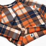 Orange and Navy Blue Preppy Surfer Plaid Long Sleeve Crop Top