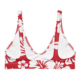 White Hawaiian Hibiscus Flowers on Red Bikini Top - Extremely Stoked