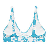 White Hawaiian Flowers on Ocean Aqua Blue Bikini Top - Extremely Stoked