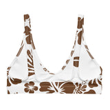 Brown Hibiscus Hawaiian Flowers on White Bikini Top