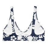 White Hawaiian Hibiscus Flowers on Navy Blue Bikini Top