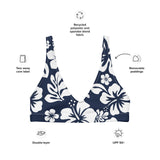 White Hawaiian Hibiscus Flowers on Navy Blue Bikini Top - Extremely Stoked