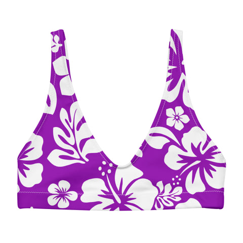 White Hawaiian Hibiscus Flowers on Purple Bikini Top - Extremely Stoked