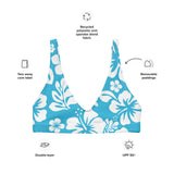 White Hawaiian Flowers on Ocean Aqua Blue Bikini Top - Extremely Stoked