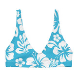 White Hawaiian Flowers on Ocean Aqua Blue Bikini Top