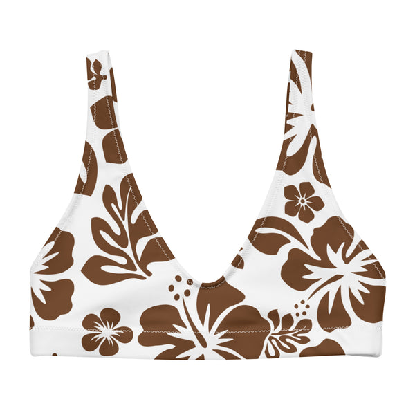 Brown Hibiscus Hawaiian Flowers on White Bikini Top