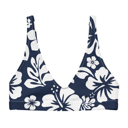 White Hawaiian Hibiscus Flowers on Navy Blue Halter Bikini Top