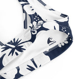 White Hawaiian Hibiscus Flowers on Navy Blue Bikini Top - Extremely Stoked