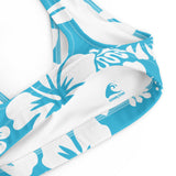 White Hawaiian Flowers on Ocean Aqua Blue Bikini Top - Extremely Stoked