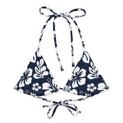 Navy Blue and White Hawaiian Flowers String Bikini Top